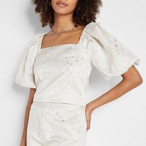 RACHEL ZOE by EXPRESS: Cream Metallic Jacquard Puff Sleeve Crop Top - Size 10